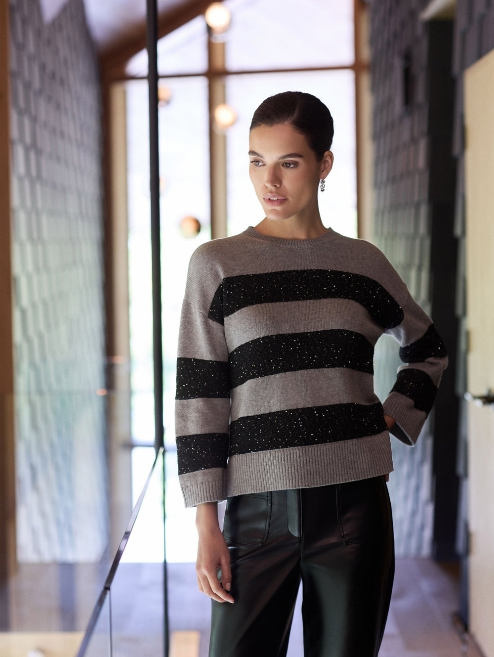 Melanie Lyne Sequin Embellished Bland And Gray Striped Sweater - Picture 4 of 13